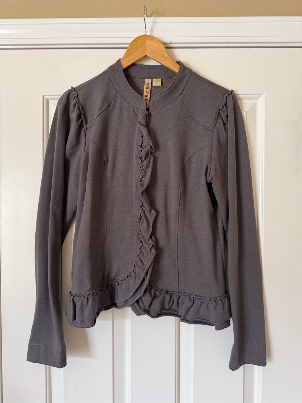 Eyeshadow Gray Ruffle-Trim Long Sleeve Cardigan/Jacket